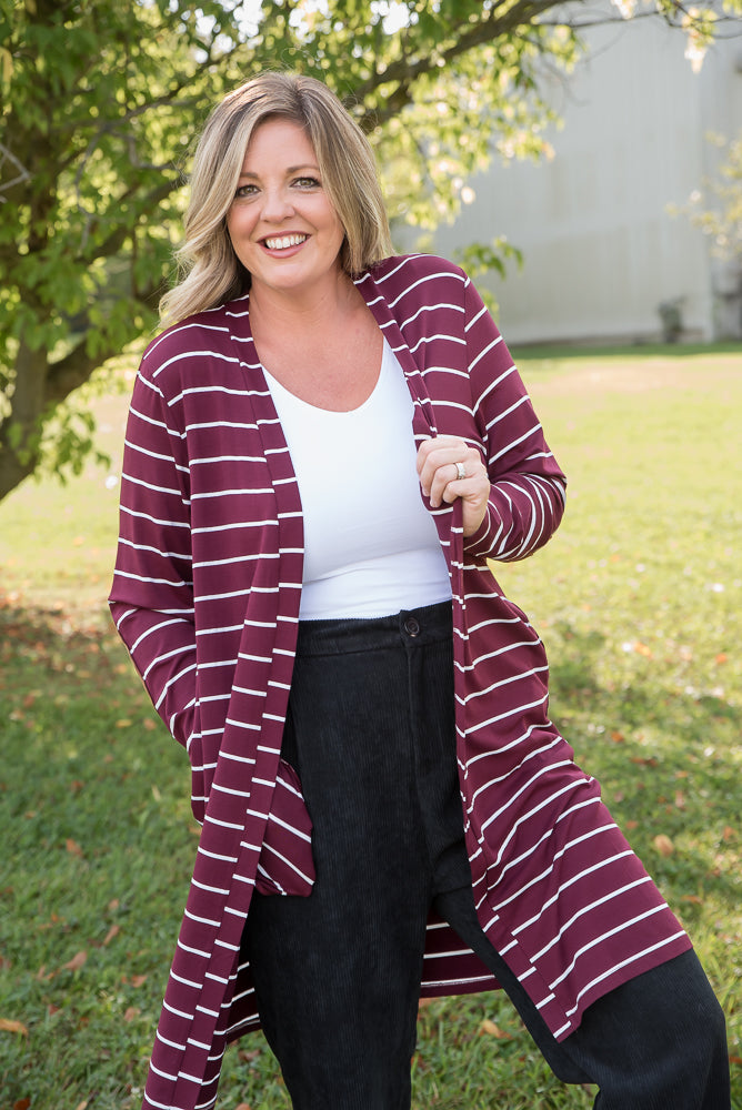 Change Your Stripes Cardigan in Wine